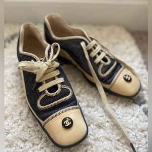 Chanel Denim Sneakers Coco Mark Square Toe Made In Italy Beige Series Size 37